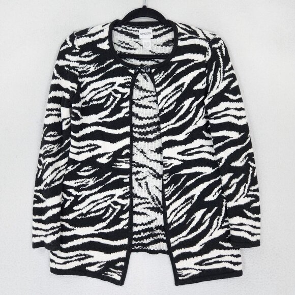 Chicos Sweater Womens 0 Black White 4 Zebra Print Cardigan Knit Casual Classic - Picture 1 of 12